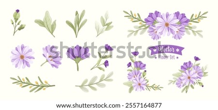 Set of Purple Daisy Flowers Decorative Element Arrangement Vector Collection. Beautiful Wreath Floral Wedding Element Invitation Decoration. Flowers Corner Borders Frame for Wedding Element 