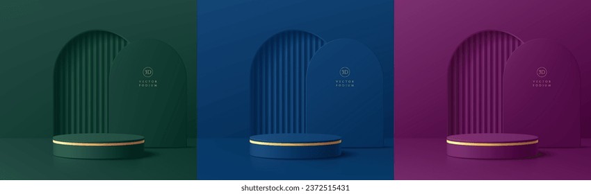 Set of purple, dark blue and green 3D cylinder podium background with zigzag pattern in arch gate. Luxury wall minimal scene mockup product stage showcase, Cosmetic promotion display. Vector platform.