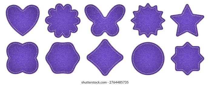 Set of purple denim texture patch shapes with dashed line stitching