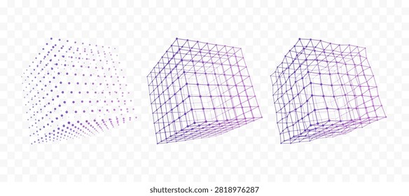 Set of Purple Digital Network Cubes Made of Connected Lines and Dots on Transparent Background