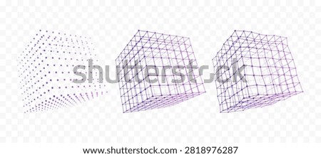 Set of Purple Digital Network Cubes Made of Connected Lines and Dots on Transparent Background