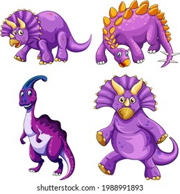 Set of purple dinosaur cartoon character illustration