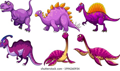 Set of purple dinosaur cartoon character illustration