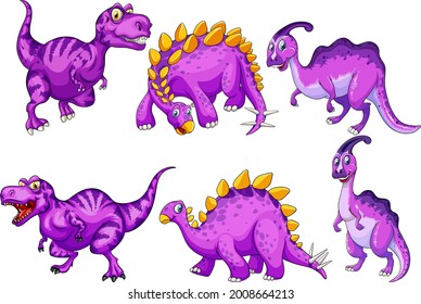 Set of purple dinosaur cartoon character illustration