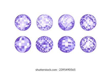 Juego de bolas de disco moradas. Ilustración vectorial plana de esferas espejo disco. Festival, fiesta