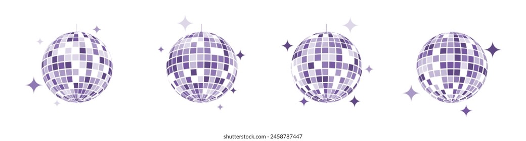 Set of purple discoballs with blings. Retro music party shining spheres. Glitterballs shapes. Mirror balls for nightclub discotheque in 70s 80s 90s vintage style. Vector flat illustration.