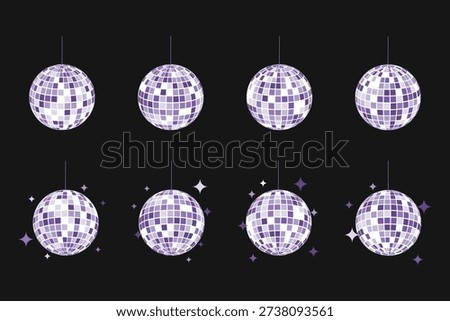 Set of purple discoballs with glitters isolated on black background. Music party shining spheres. Glitterball shapes. Mirror balls for nightclub retro discotheque. Vector flat illustration.
