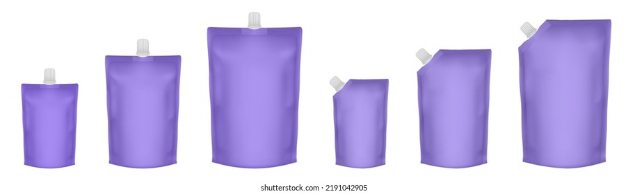 Set of purple doypack packaging with screw cap. Blank foil drink bags pouches with spout. Stand up doy pack mock up set. Cosmetic refill	