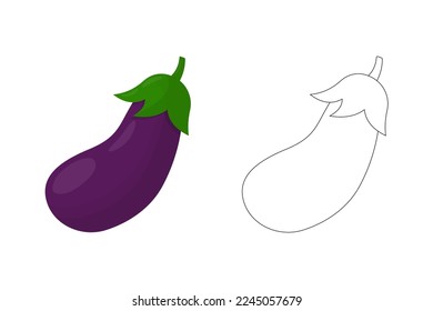 A set of Purple eggplant and outline isolated on a white background