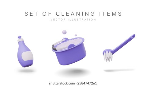 Set of purple elements for cleaning. Plastic soap bottle with blank label, bucket with soap foam, brush. Icons for store, models for cleaning concepts, advertising