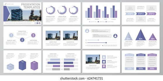 Set of purple elements for multipurpose presentation template slides with graphs and charts. Leaflet, corporate report, marketing, advertising,   book cover design.