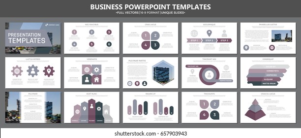 Set of purple elements for multipurpose presentation template slides with graphs and charts. Leaflet, corporate report, marketing, advertising, book cover design.
