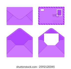 Set of purple envelopes in different styles, including closed, open, and with a letter. Mail, correspondence, and stationery concept. Flat vector illustration isolated on white background