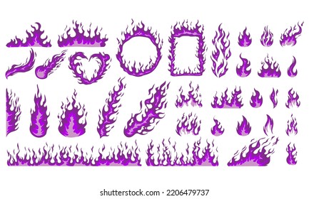 Set of purple flames vector illustration element, background, frame, effects, layout. Vector eps 10. Cartoon of flames.