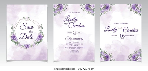 Set of Purple Floral Wedding Invitation Card. Illustrator and designer. Wedding Invites, save the date, Birthday Invites, Video Invites, E-Cards.