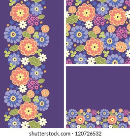 Set of purple flowers seamless pattern and borders backgrounds