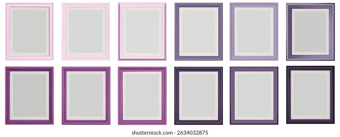 Set of purple frame isolated on white background. Realistic rectangle frames mockup. Classic Photo wooden frame. Shades of purple borders set for painting, poster, gallery. 3d vector illustration.