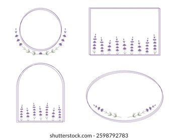 Set of purple frames of different shapes with lavender sprigs isolated on white. Vector set for wedding invitation, photo frame, label, text box.
