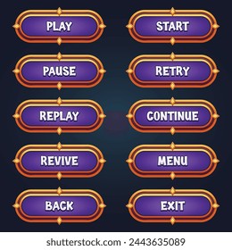 Set of purple game buttons for mobile games with editable text effect gui to build 2d games