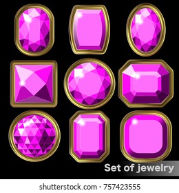 Set of purple gems amethyst of various shapes.