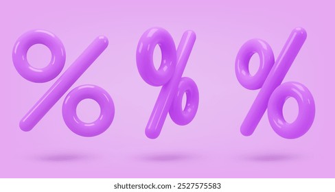 Definir ícone roxo brilhante, sinal de porcentagem de renderização 3d. Elemento de design realista. Ilustração vetorial em roxo, para cartão postal, ícones, cartaz, banner, web, design, artes. Venda de Black Friday