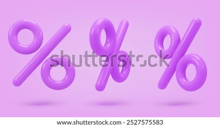 Set purple glossy icon, 3d render percent sign. Realistic design element. Vector illustration on purple, for postcard, icons, poster, banner, web, design, arts. Black Friday Sale