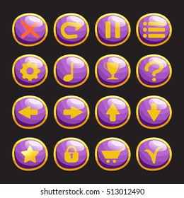 Set of purple glossy round buttons or icons in gold frame isolated on black background for game, GUI design . Cute cartoon mobile app vector elements template.
