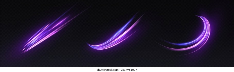 Set of purple glow light swirls with neon glow on dark background for visual effects and user interfaces.