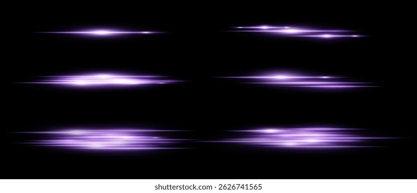 Conjunto de rayas de luz Horizontal brillante púrpura con efecto de desenfoque de movimiento sobre fondo negro. Perfecto para iluminaciones, superposiciones o transiciones dinámicas en el diseño. Ilustración vectorial.