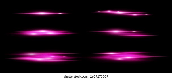 Conjunto de rayas de luz Horizontal brillante púrpura con efecto de desenfoque de movimiento sobre fondo negro. Perfecto para iluminaciones, superposiciones o transiciones dinámicas en el diseño. Ilustración vectorial.