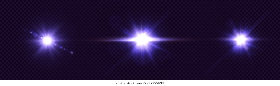 Set of purple glowing light effects isolated on transparent background. light lines. Solar flare with rays and glare. glow effect. Starburst with shimmering sparkles. Light for web design and illustra