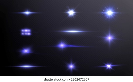 Set of purple glowing light effects isolated on transparent background. light lines. Solar flare with rays and glare. glow effect. Starburst with shimmering sparkles.