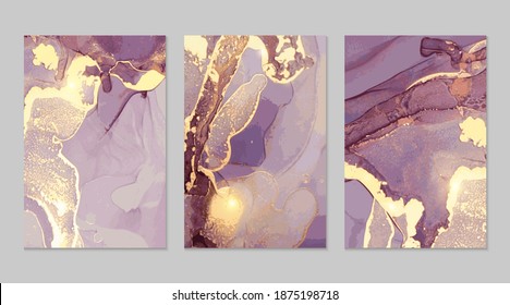 Set of purple and gold marble abstract patterns. Alcohol ink technique stone texture. Vector background. Modern paint with glitter. Banner, poster design template.