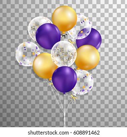 Set of purple, gold, transparent with confetti helium balloon isolated in the air .Party decorations for birthday, anniversary, celebration. vector. 