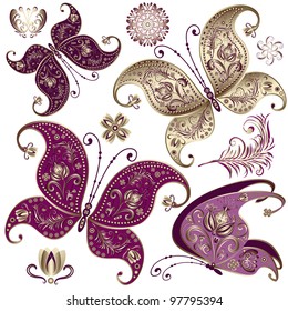 Set purple and gold vintage butterflies and flowers (vector)