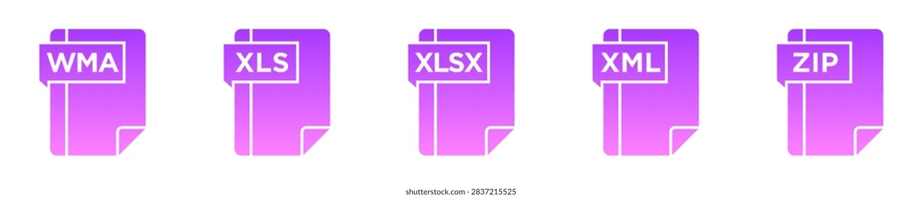 Set of purple gradient file format icons including WMA, XLS, XLSX, XML and ZIP extensions