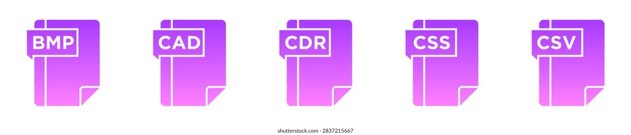 Set of purple gradient file format icons including BMP, CAD, CDR, CSS and CSV extensions