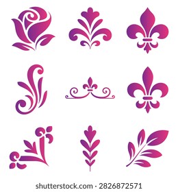 Set of purple gradient floral design elements, flourishes, and fleurdelis icons