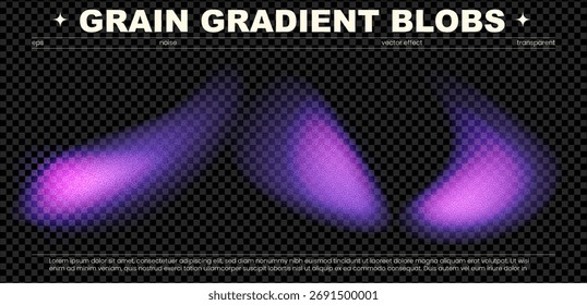 Establecer la forma de ruido de fondo de gradación de gradiente transparente de grano púrpura. Esta colección abstracta presenta efectos de luz radiante y texturas iridiscentes para fondos digitales vibrantes.