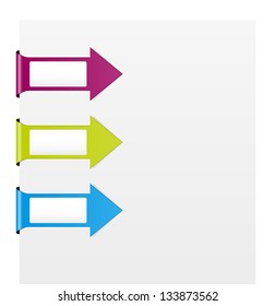 Set of purple, green and blue folded arrows with blank tag / folded arrow