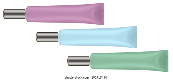 Set of purple, green and blue plastic tubes. Salve or ointment. Long thin silver cap. Plastic bottle. Mint, lavender or lilac gel. Lip or eye serum. 3d mockup.