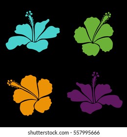 Set in purple, green and yellow colors with tropic summertime motif may be used as texture, wrapping paper, textile design. Vector sketch of tropical hibiscus flowers, dense jungle. Hand painted.