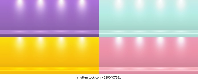 Set Of Purple, Green, Yellow, And Pink Scene Background. Empty Horizontal Studio For Product Display, Advertising, Show, Winner, On Pastel Color Backdrop. Blank Stage Table Floor. Vector Illustration.