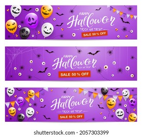 Set of purple Halloween banners with Sale. Spiders, bats, balloons with scary smiles and text Happy Halloween. Illustration for children's holiday design, decoration, cards, banner, Halloween template