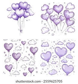 Set purple heart and cloud hand draw for Valentine's day element.