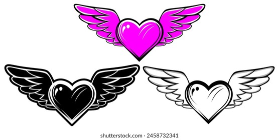 set purple heart flying icon. love with wing logo design illustration