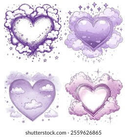 Set purple heart hand draw for Valentine's day element.
