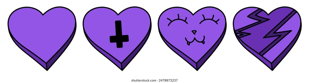 Set of purple hearts illustration. Hearts in Goth style with a cross, cat and lightning. Vector isolated on white background.