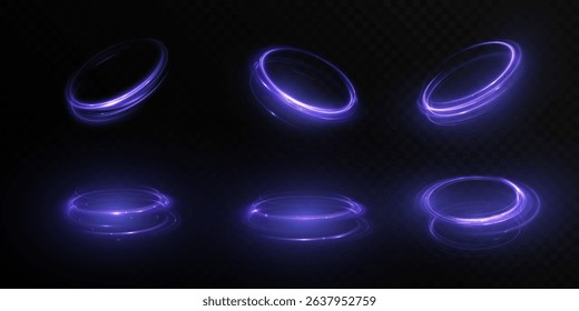 Set of purple holographic light rings with rotation effect on dark background. Suitable for futuristic technology, teleportation and science fiction themes.