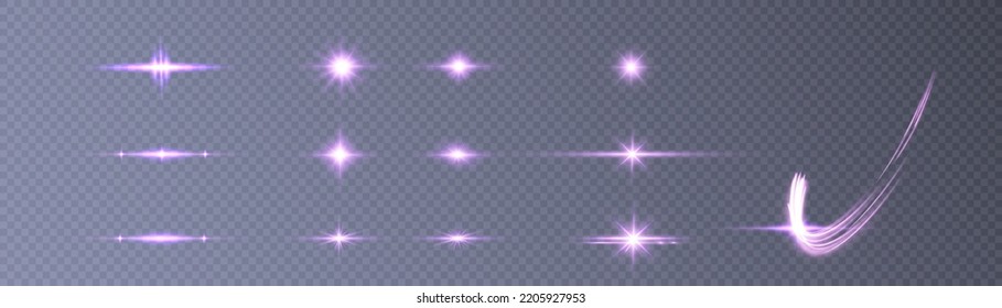 Set of purple horizontal highlights of abstract glowing stars and twinkles. Vector.